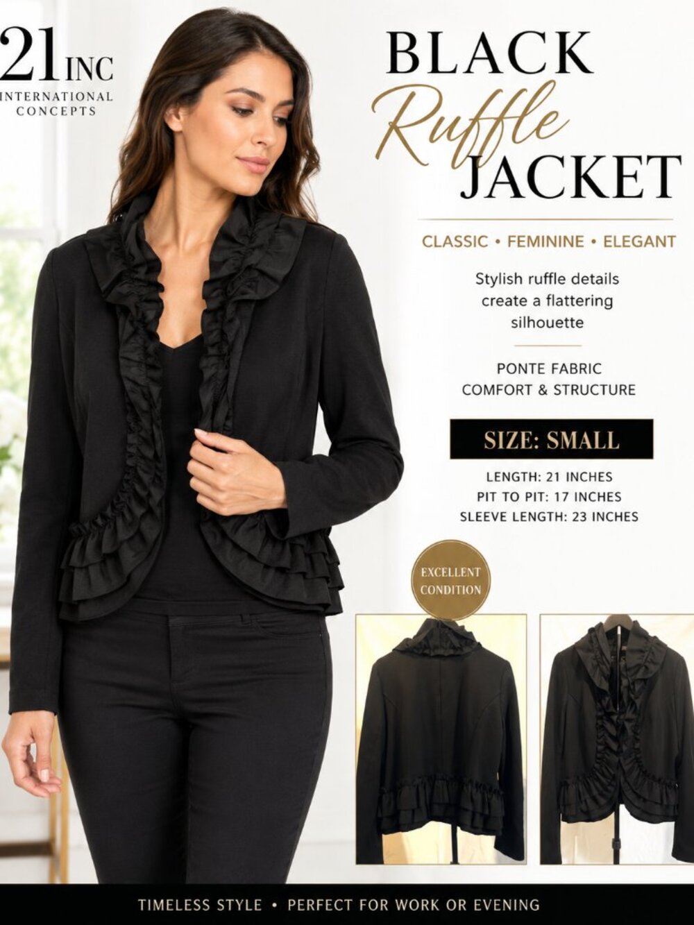 INC Black Ruffle-Trim Cropped Jacket - Women's